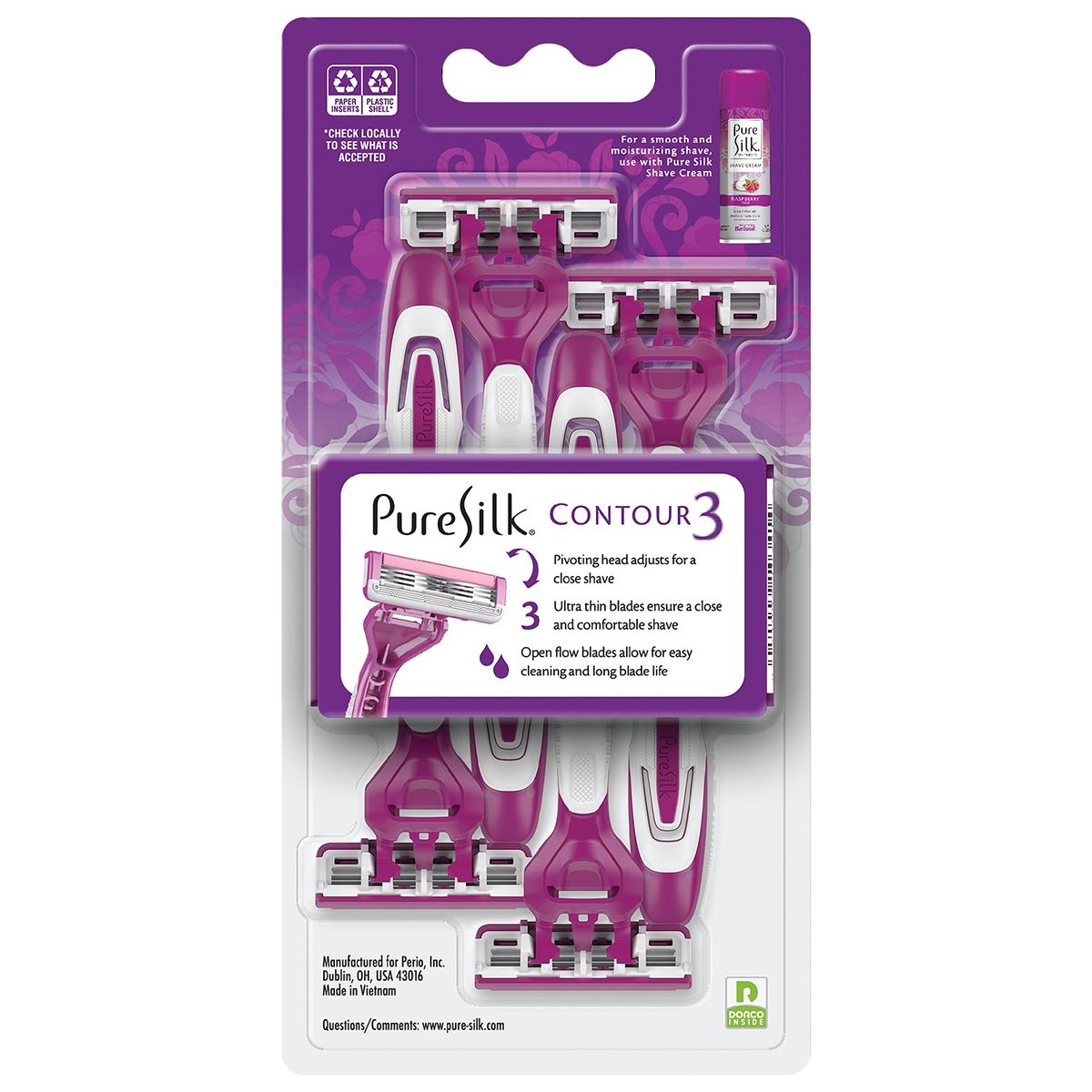 Pure Silk Contour 3 Disposable Razors for Women – 3-Blade Premium Razor Value Pack with Pivoting Head, Dual Moisture Bars Infused with Aloe, Vitamin E, Argan Oil – 3 Packs (9 Total Razors) Avelisse
