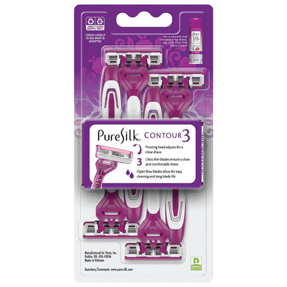 Pure Silk Contour 3 Disposable Razors for Women – 3-Blade Premium Razor Value Pack with Pivoting Head, Dual Moisture Bars Infused with Aloe, Vitamin E, Argan Oil – 3 Packs (9 Total Razors) Avelisse