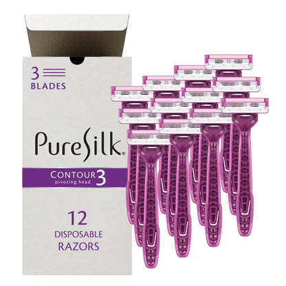 Pure Silk Contour 3 Disposable Razors for Women – 3-Blade Premium Razor Value Pack with Pivoting Head, Dual Moisture Bars Infused with Aloe, Vitamin E, Argan Oil – 3 Packs (9 Total Razors) Avelisse
