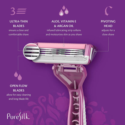 Pure Silk Contour 3 Disposable Razors for Women – 3-Blade Premium Razor Value Pack with Pivoting Head, Dual Moisture Bars Infused with Aloe, Vitamin E, Argan Oil – 3 Packs (9 Total Razors) Avelisse