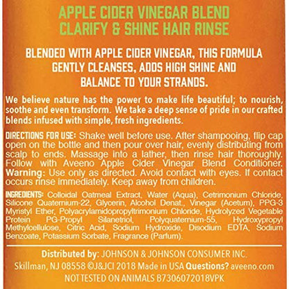 Aveeno Apple Cider Vinegar Clarifying In-Shower Rinse for Balanced, Shiny Hair - Sulfate-Free, pH-Balancing Treatment for Oily or Dull Hair, Paraben & Dye-Free, 6.8 Fl Oz