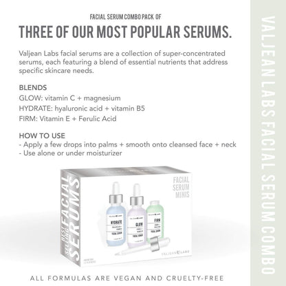 Valjean Labs Facial Serum Combo Pack: Hydrate, Glow & Firm | 3 x 1 oz Paraben-Free Serums