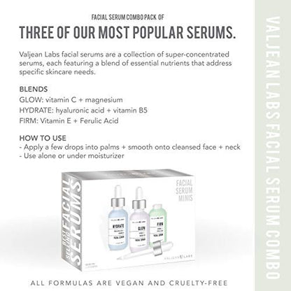 Valjean Labs Facial Serum Combo Pack: Hydrate, Glow & Firm | 3 x 1 oz Paraben-Free Serums