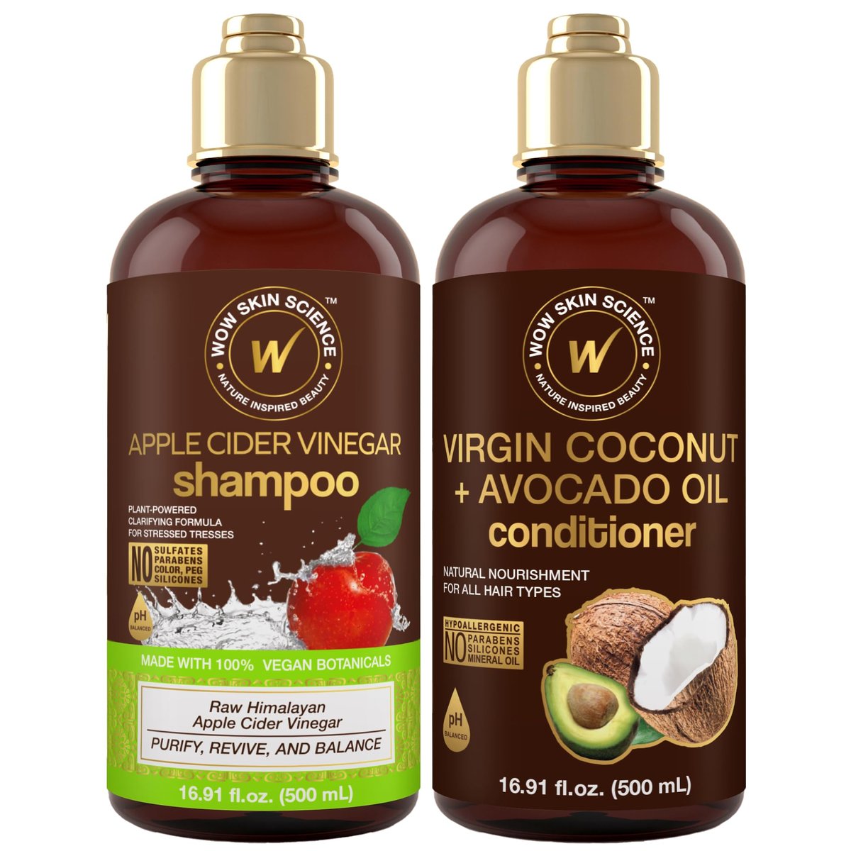 WOW Skin Science Apple Cider Vinegar Shampoo & Coconut + Avocado Oil Conditioner Duo – 16.9 oz Each - görsel 1