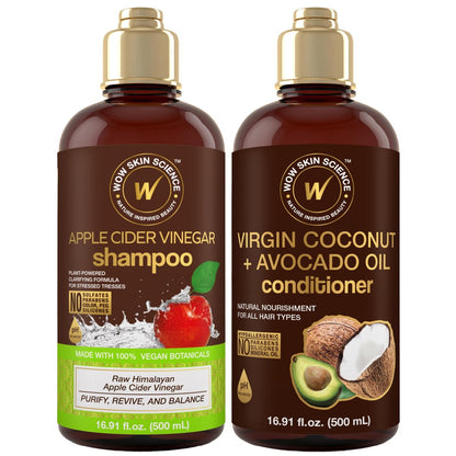 WOW Skin Science Apple Cider Vinegar Shampoo & Coconut + Avocado Oil Conditioner Duo – 16.9 oz Each