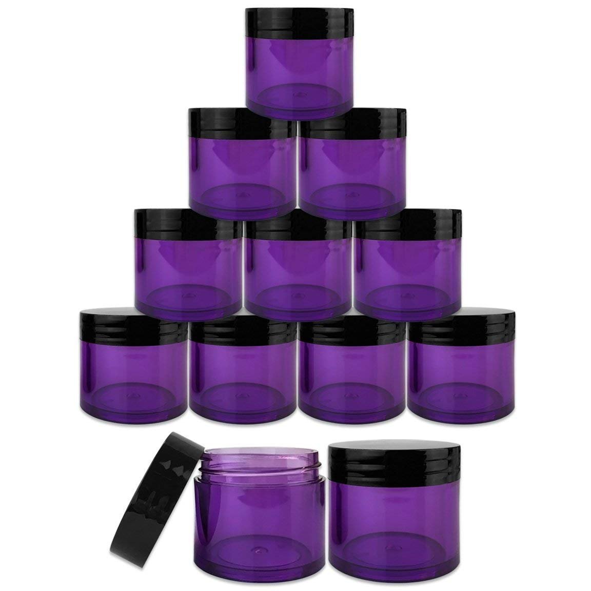 Beauticom 12 Piece 1 oz. Acrylic Round Clear Jars with Flat Top Lids - Purple Base with Black Lid - görsel 1