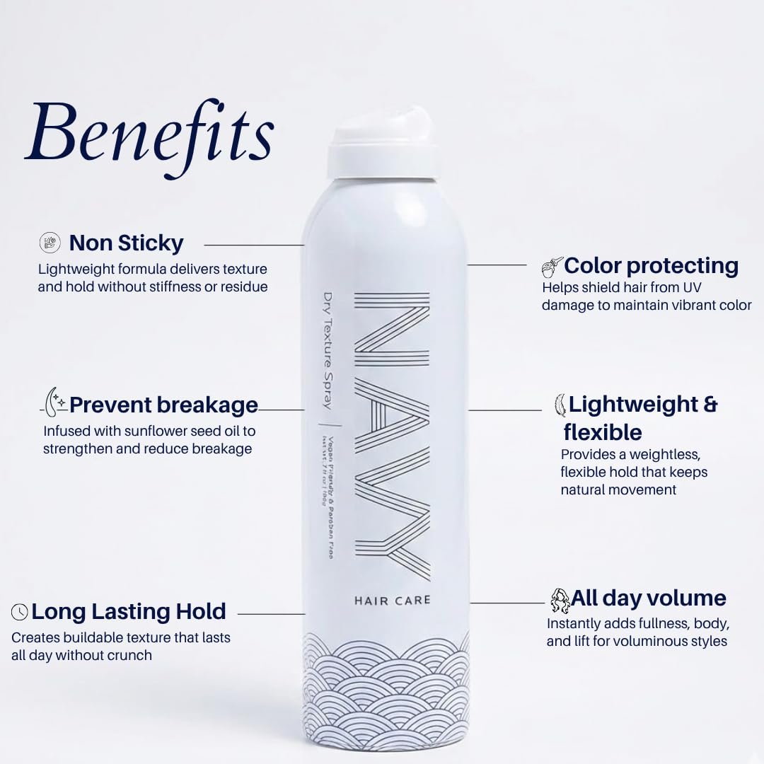 NAVY HAIR CARE Dry Texture Spray - Volumizing Hair Spray for Thin, Flat & Fine Hair - Flexible Hold for Soft, Touchable Beach Waves - Adds Shine - Cruelty-Free - 7 oz Avelisse