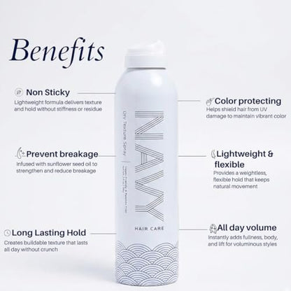 NAVY HAIR CARE Dry Texture Spray - Volumizing Hair Spray for Thin, Flat & Fine Hair - Flexible Hold for Soft, Touchable Beach Waves - Adds Shine - Cruelty-Free - 7 oz Avelisse