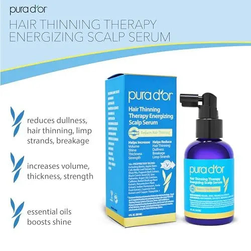PURA D'OR Hair Thinning Therapy Energizing Scalp Serum – Copper Tripeptide, Biotin, Caffeine, Plant Stem Cell, for All Hair Types, Men & Women (4 oz) Avelisse