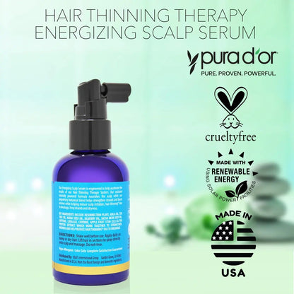 PURA D'OR Hair Thinning Therapy Energizing Scalp Serum – Copper Tripeptide, Biotin, Caffeine, Plant Stem Cell, for All Hair Types, Men & Women (4 oz) Avelisse