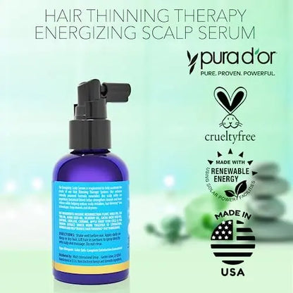 PURA D'OR Hair Thinning Therapy Energizing Scalp Serum – Copper Tripeptide, Biotin, Caffeine, Plant Stem Cell, for All Hair Types, Men & Women (4 oz) Avelisse