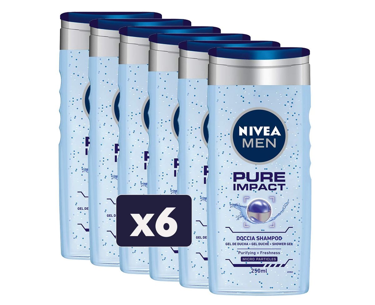 NIVEA Men Pure Impact Shampoo, 6-Pack (8.45 Fl Oz Each) – Daily Cleanse for Normal to Oily Hair - görsel 1