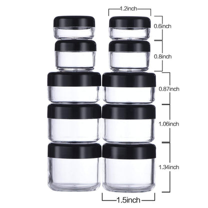 Onwon 10-Piece Clear Plastic Makeup Sample Containers with Mini Spatulas – 3g/5g/10g/15g/20g Cosmetic Jars with Screw Lids