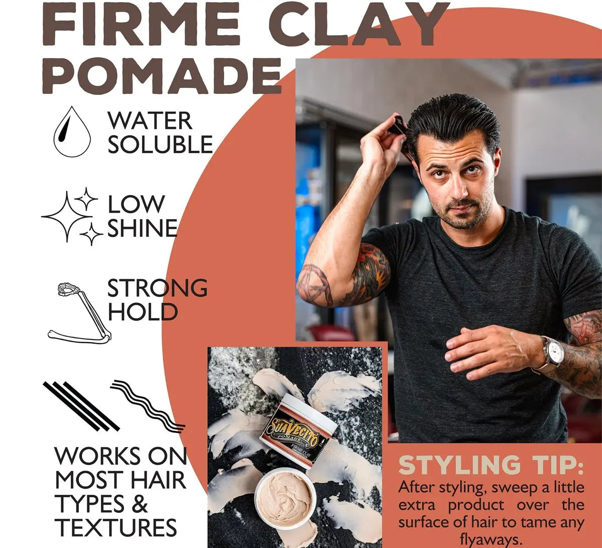 Suavecito Firme Clay for Men – Strong Hold, Low Shine Matte Finish – 4 oz Avelisse