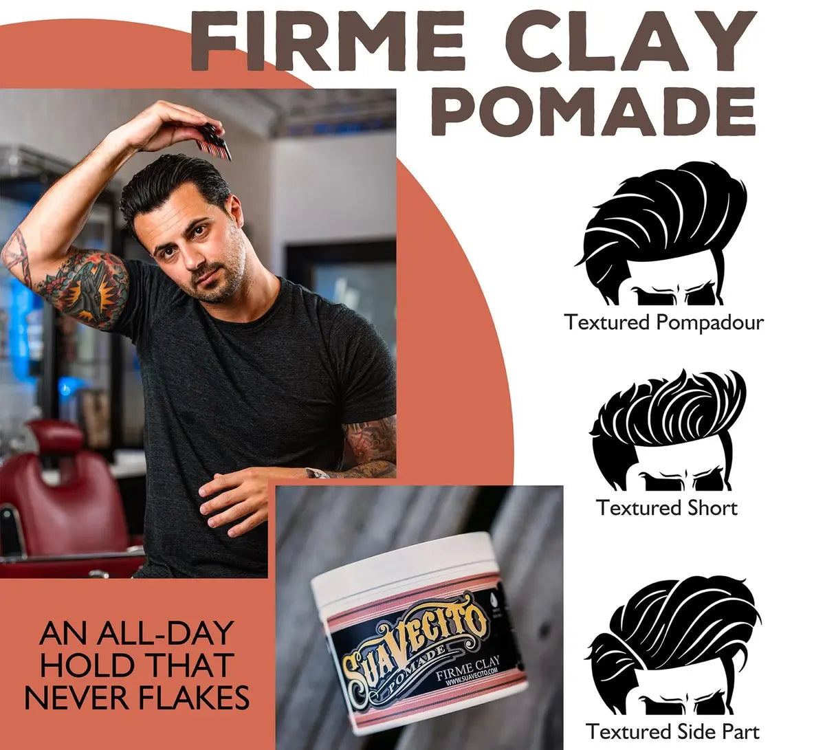 Suavecito Firme Clay for Men – Strong Hold, Low Shine Matte Finish – 4 oz Avelisse