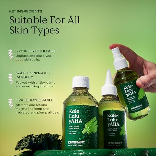 KraveBeauty Kale-Lalu-yAHA Exfoliating Toner - Gentle AHA Liquid Exfoliant with Glycolic Acid & Kale Extract, Smooths Texture, Evens Skin Tone, Unclogs Pores, Fragrance Free, 200 mL Avelisse