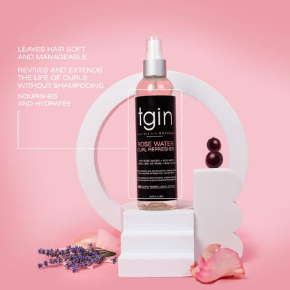 tgin Rose Water Curl Refresher – Moisturizing Curl Spray for Curly, Coily, and Wavy Hair – Enhances Shine, Reduces Frizz, and Hydrates Dry Curls & Scalp with Acai Berry & Rose Water – 8 Fl Oz