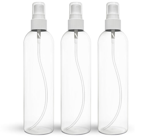 BRIGHTFROM Fine Mist Spray Bottles 8 oz, Empty Refillable Containers - Pack of 3 - Crystal Clear PET Plastic