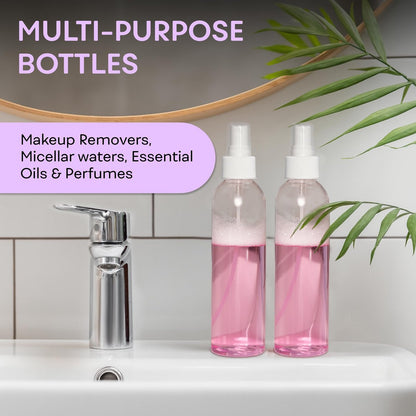 BRIGHTFROM Fine Mist Spray Bottles 8 oz, Empty Refillable Containers - Pack of 3 - Crystal Clear PET Plastic