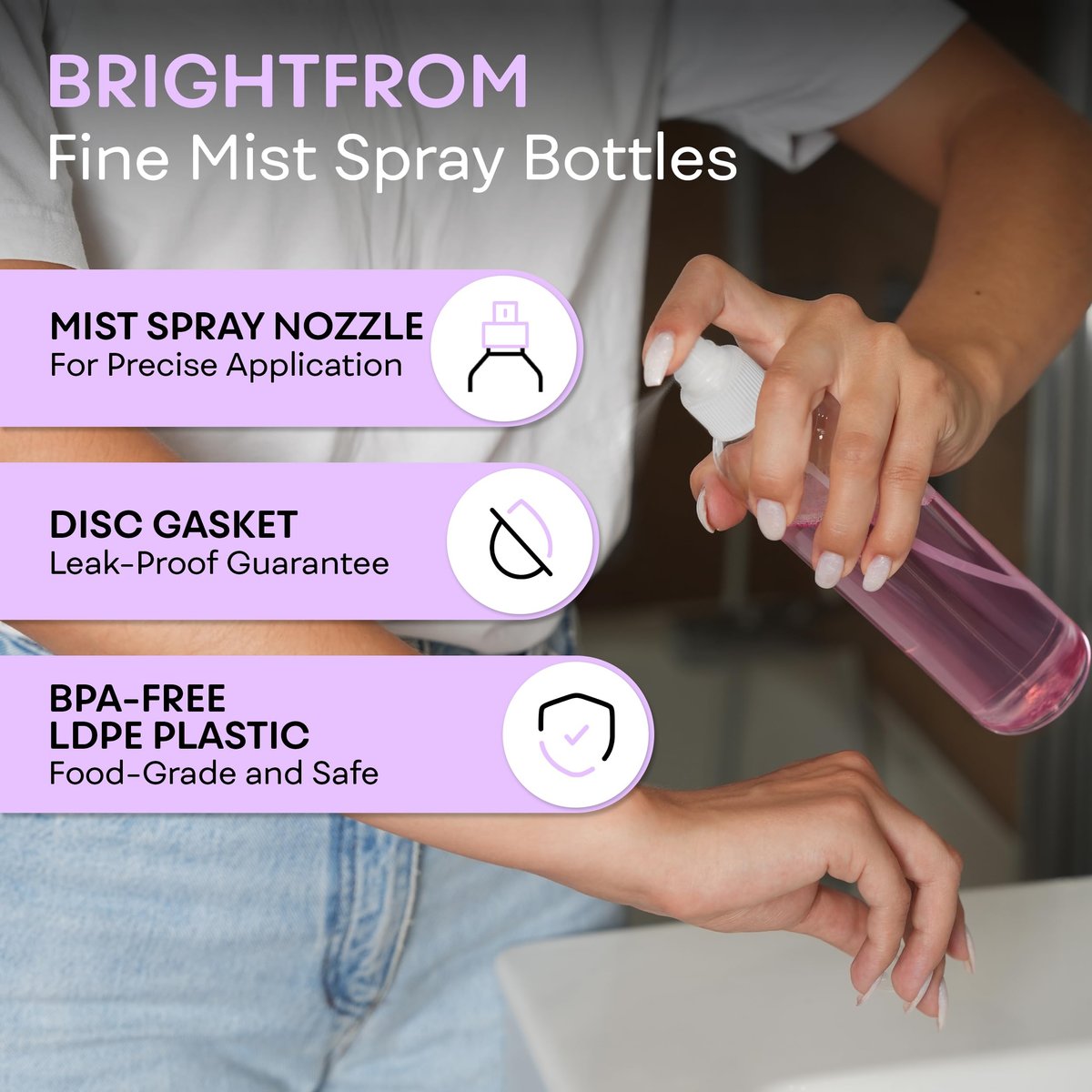 BRIGHTFROM Fine Mist Spray Bottles 8 oz, Empty Refillable Containers - Pack of 3 - Crystal Clear PET Plastic - görsel 3