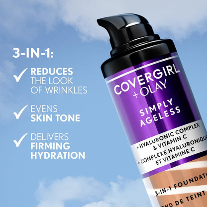 COVERGIRL & Olay Simply Ageless 3-in-1 Liquid Foundation - 227 Golden Beige - Matte Finish with Hyaluronic & Vitamin C Formula