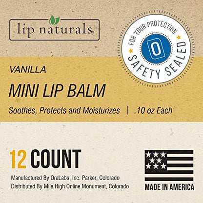 Lip Naturals Mini Vanilla Lip Balm with SPF 15 Sunscreen - 12-Count Pack, Made in USA with Beeswax & Coconut Oil (0.10 oz Each) Avelisse