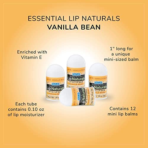 Lip Naturals Mini Vanilla Lip Balm with SPF 15 Sunscreen - 12-Count Pack, Made in USA with Beeswax & Coconut Oil (0.10 oz Each) Avelisse