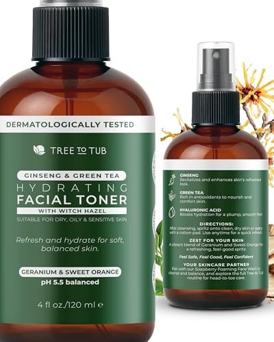 Tree To Tub Hydrating Facial Toner Spray for Dry & Sensitive Skin - Alcohol Free Witch Hazel & Rose Water Face Toner with Hyaluronic Acid, Vitamin C, Organic Green Tea, Natural Ginseng - görsel 2