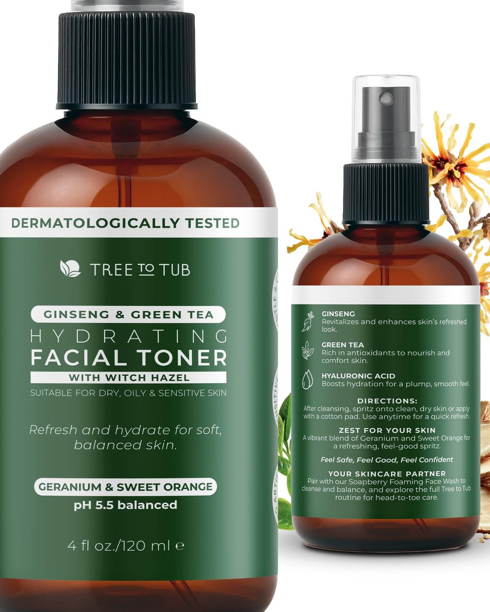 Tree To Tub Hydrating Facial Toner Spray for Dry & Sensitive Skin - Alcohol Free Witch Hazel & Rose Water Face Toner with Hyaluronic Acid, Vitamin C, Organic Green Tea, Natural Ginseng - görsel 1