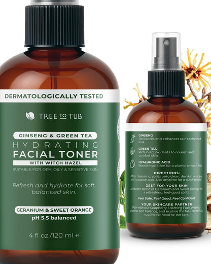 Tree To Tub Hydrating Facial Toner Spray for Dry & Sensitive Skin - Alcohol Free Witch Hazel & Rose Water Face Toner with Hyaluronic Acid, Vitamin C, Organic Green Tea, Natural Ginseng