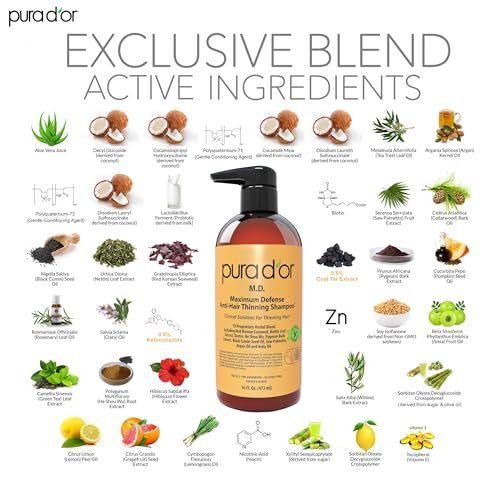 PURA D'OR Maximum Defense Anti-Hair Thinning Shampoo with Biotin & Coal Tar - 16 oz for Men & Women Avelisse