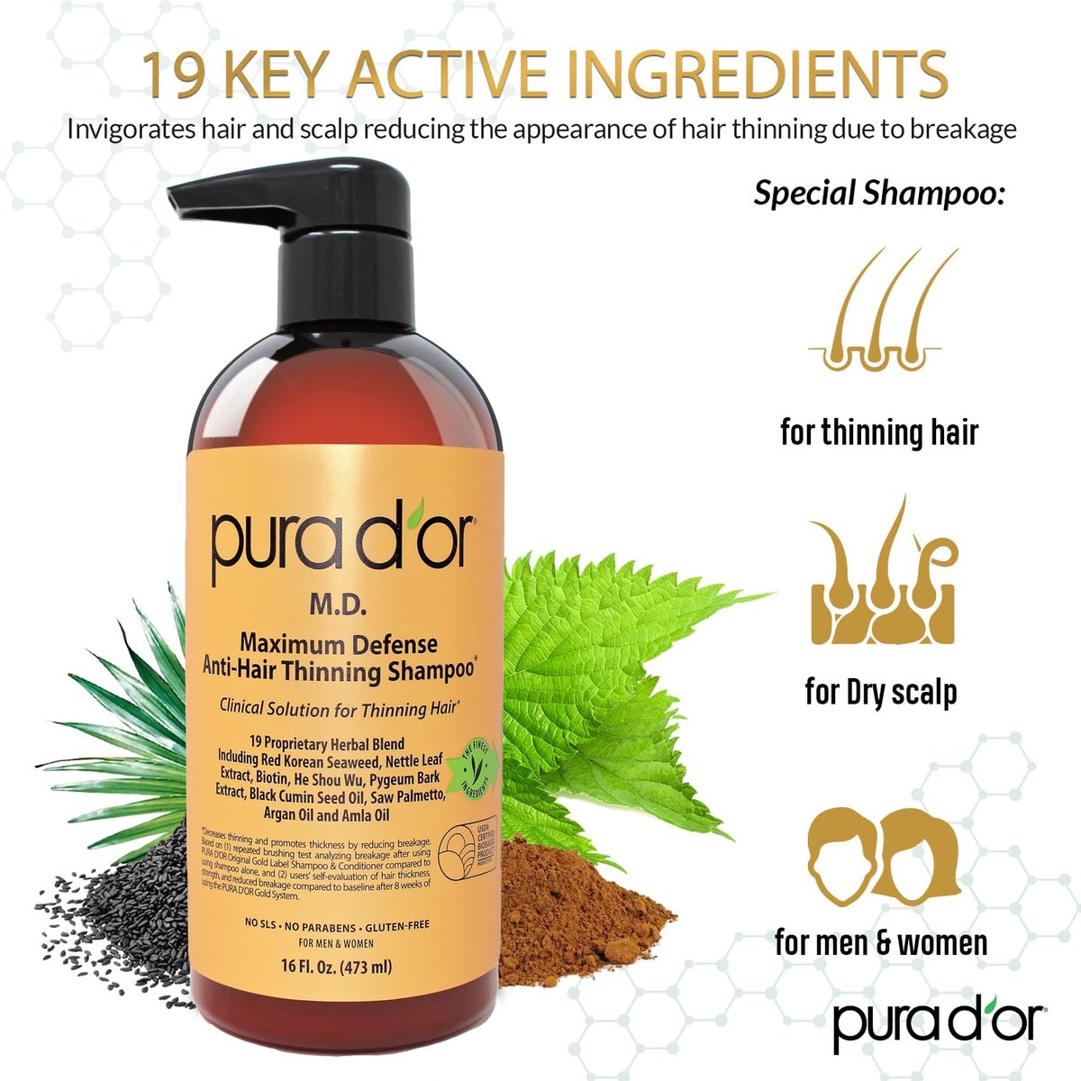 PURA D'OR Maximum Defense Anti-Hair Thinning Shampoo with Biotin & Coal Tar - 16 oz for Men & Women Avelisse