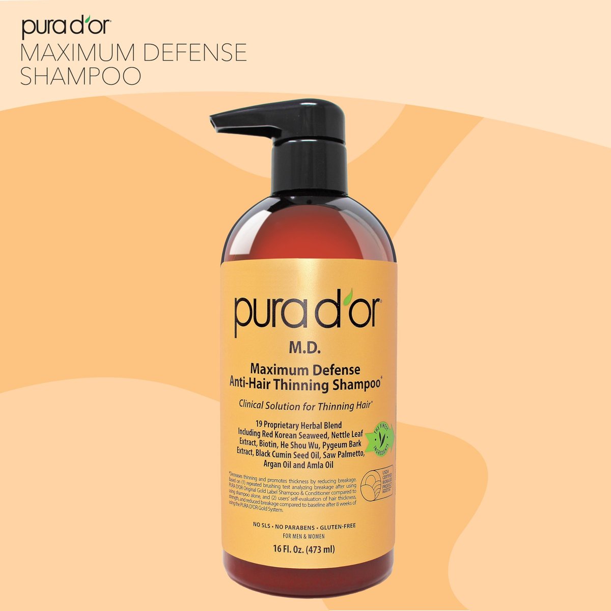 PURA D'OR Maximum Defense Anti-Hair Thinning Shampoo with Biotin & Coal Tar - 16 oz for Men & Women Avelisse