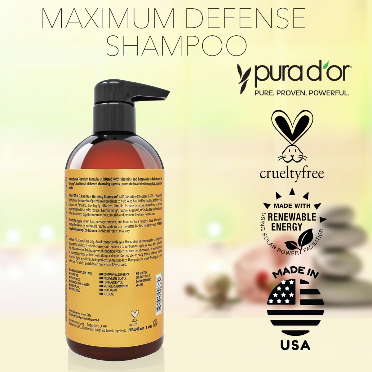 PURA D'OR Maximum Defense Anti-Hair Thinning Shampoo with Biotin & Coal Tar - 16 oz for Men & Women Avelisse