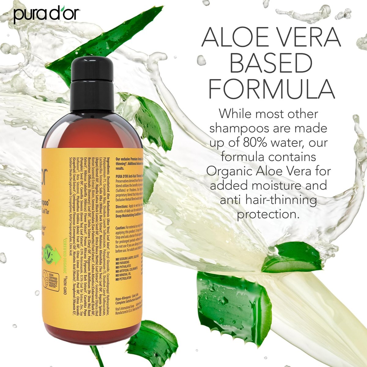 PURA D'OR Maximum Defense Anti-Hair Thinning Shampoo with Biotin & Coal Tar - 16 oz for Men & Women Avelisse