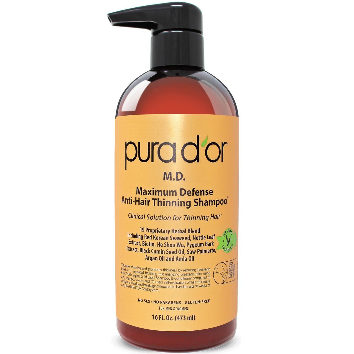 PURA D'OR Maximum Defense Anti-Hair Thinning Shampoo with Biotin & Coal Tar - 16 oz for Men & Women Avelisse