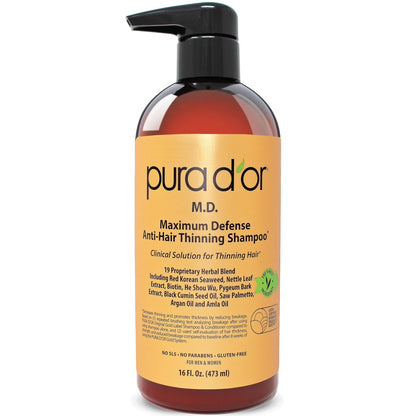 PURA D'OR Maximum Defense Anti-Hair Thinning Shampoo with Biotin & Coal Tar - 16 oz for Men & Women Avelisse