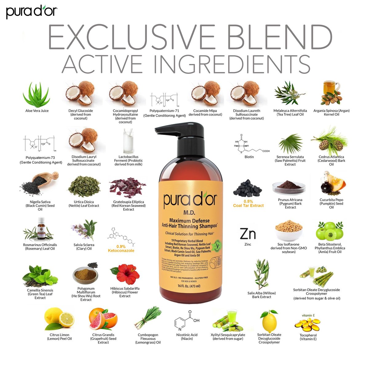 PURA D'OR Maximum Defense Anti-Hair Thinning Shampoo with Biotin & Coal Tar - 16 oz for Men & Women Avelisse