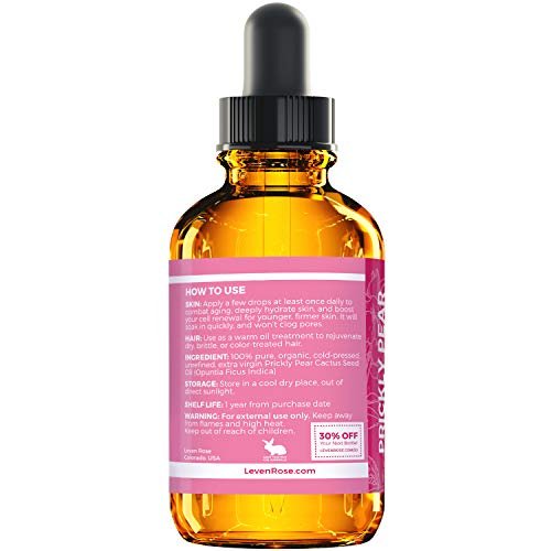 Leven Rose 100% Pure Organic Prickly Pear Seed Oil - Extra Virgin Cold Pressed Face Oil for Dry Skin, Body Moisturizer & Hair Treatment, 1 oz Avelisse