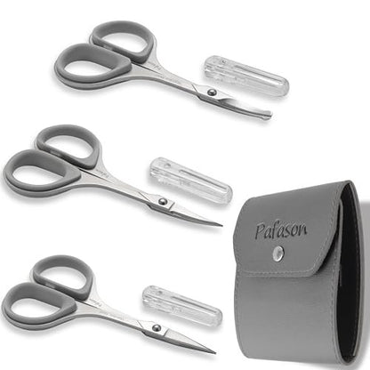 PAFASON Ultra Sharp Beard Scissors Set – Precision Straight, Curved & Round Tip Mustache and Facial Hair Trimming Tool – Stainless Steel with Safety Case and Premium Leather Pouch