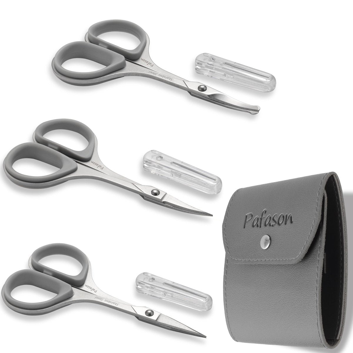 PAFASON Ultra Sharp Beard Scissors Set – Precision Straight, Curved & Round Tip Mustache and Facial Hair Trimming Tool – Stainless Steel with Safety Case and Premium Leather Pouch - görsel 1