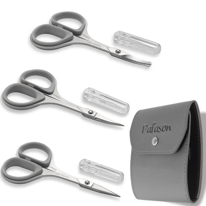 PAFASON Ultra Sharp Beard Scissors Set – Precision Straight, Curved & Round Tip Mustache and Facial Hair Trimming Tool – Stainless Steel with Safety Case and Premium Leather Pouch