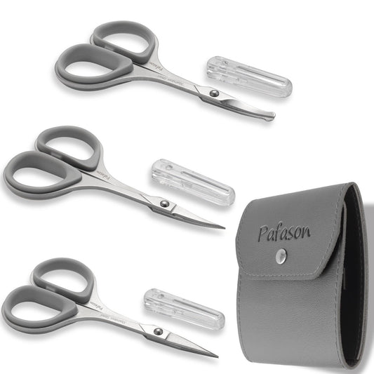 PAFASON Ultra Sharp Beard Scissors Set – Precision Straight, Curved & Round Tip Mustache and Facial Hair Trimming Tool – Stainless Steel with Safety Case and Premium Leather Pouch