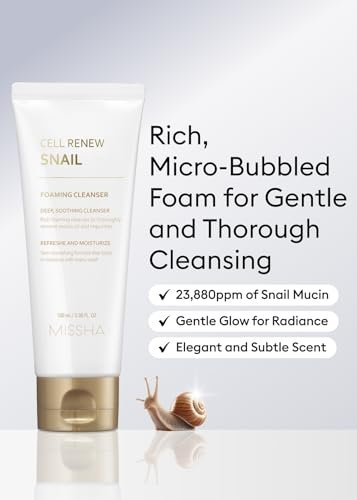 MISSHA Cell Renew Snail Foaming Cleanser - Korean Snail Mucin Face Wash for Deep Cleansing & Hydration, 3.38 Fl Oz