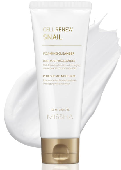 MISSHA Cell Renew Snail Foaming Cleanser - Korean Snail Mucin Face Wash for Deep Cleansing & Hydration, 3.38 Fl Oz