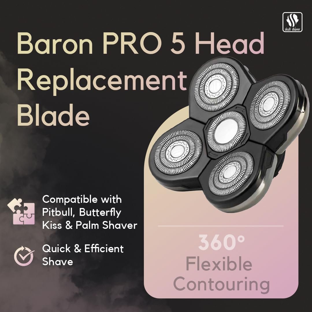Skull Shaver Baron Replacement Shaver Head Blade - Smooth Close Shave - Wet & Dry Use - Flexible 5-Head Design - Quick Twist Lock - Universal Fit Avelisse