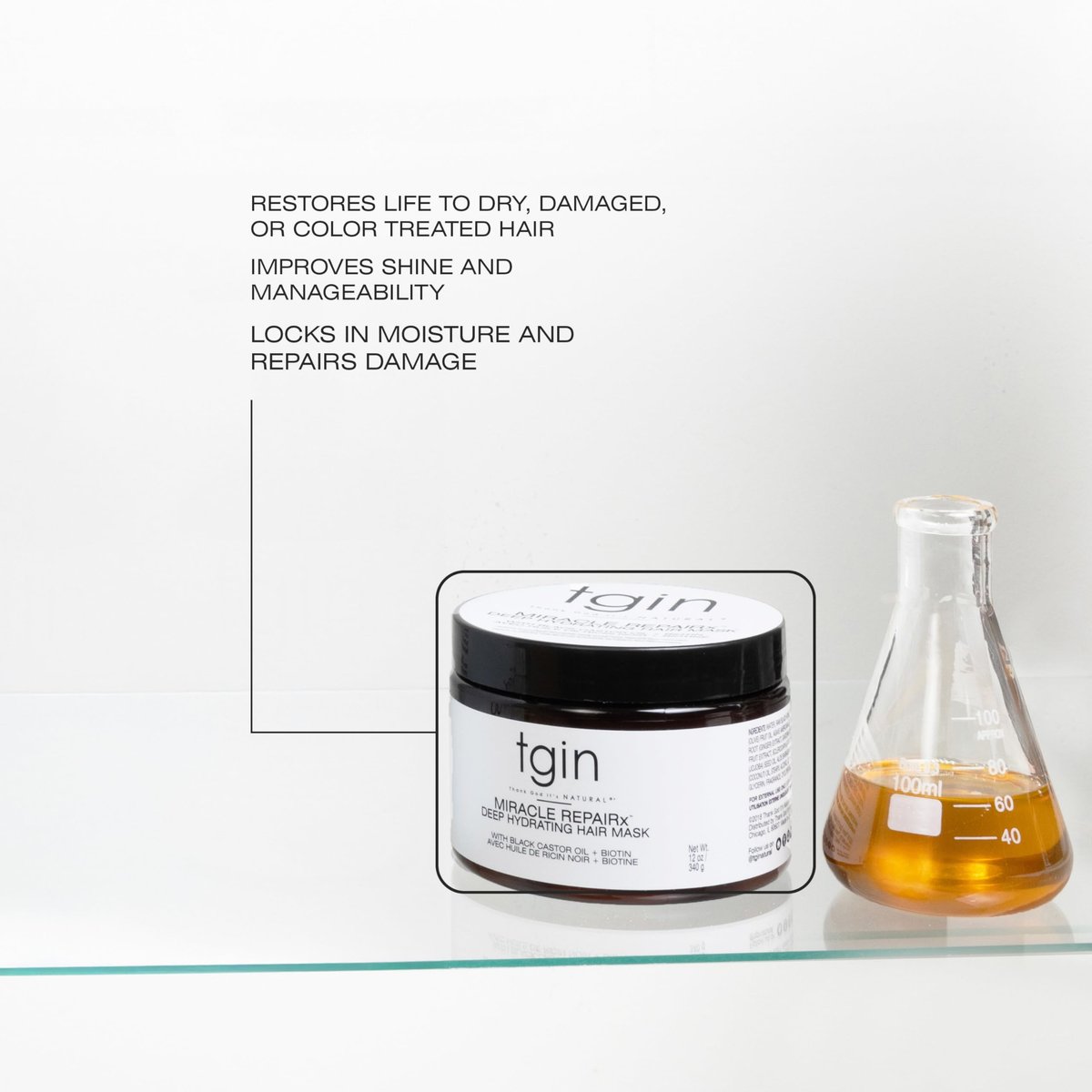 tgin Miracle RepaiRx Deep Hydrating Hair Mask - Biotin & Black Castor Oil for Curly, Coily, Wavy Hair - Deep Moisture & Repair, 12 oz Avelisse