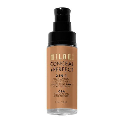 Milani Conceal + Perfect 2-in-1 Foundation + Concealer - Natural Tan 09A - Full Coverage, Waterproof & Sweatproof