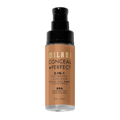 Milani Conceal + Perfect 2-in-1 Foundation + Concealer - Natural Tan 09A - Full Coverage, Waterproof & Sweatproof