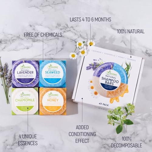 BAMBOEARTH 4-Pack Solid Shampoo Bar and Conditioner Effect Hair Soap – 100% Organic, Natural Plant-Based Essential Oils, Zero Waste Biodegradable Packaging Avelisse